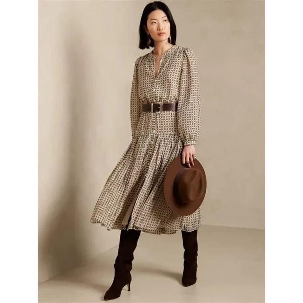 Banana Republic Foulard Print Pleated Dress Sz S Sheer Button Midi Office Party
